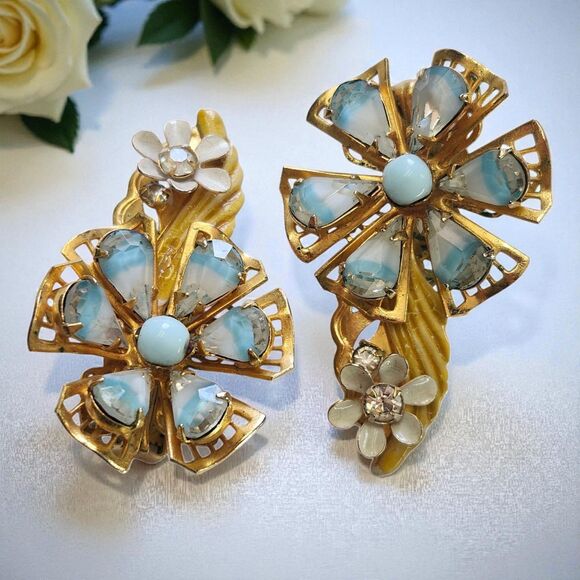 Original By Robert Jewelry - Original by Robert Clip On Earrings Blue Flower Rhinestone Gold Filigree VTG 50s